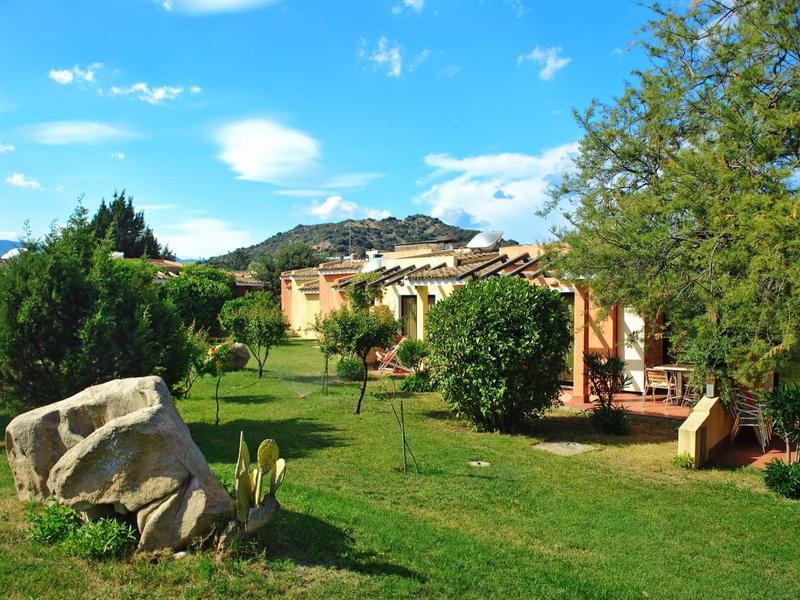 Jardin vert avec herbe, buissons, arbres et maisons sous un ciel bleu.