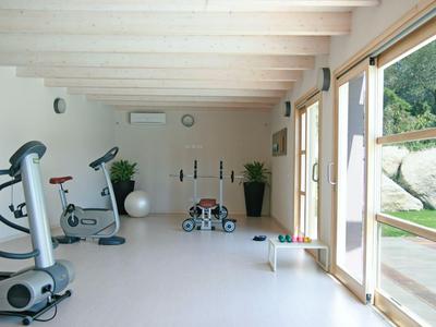 Jasna siłownia z przyrządami do ćwiczeń i dużym oknem z widokiem na ogród.