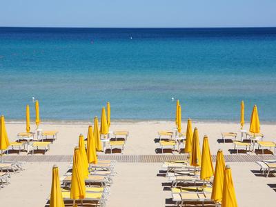 Plaża z wieloma żółtymi parasolami i leżakami przed spokojnym niebieskim morzem