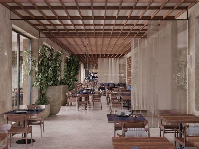 Modernes Restaurant mit Holztischen, Pflanzen und offener Raumgestaltung in warmen Brauntönen.