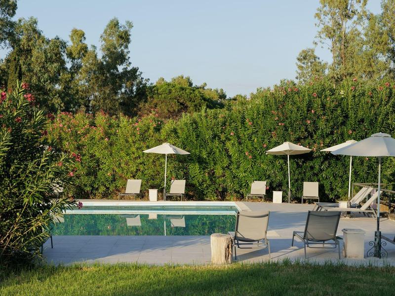 Pool mit blauer Wasserfläche, Liegestühlen und Sonnenschirmen, umgeben von grünen Büschen und Bäumen.