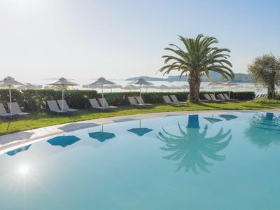 Outdoor pool with sun loungers, umbrellas, and a palm tree by the water.