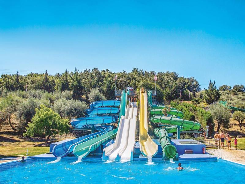 Mehrere bunte Wasserrutschen führen in einen großen Pool, umgeben von Bäumen und blauem Himmel.