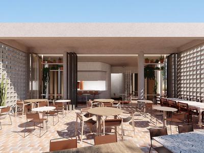 Modernes Hotel mit offener Terrasse und Sitzbereichen, verwendet helle Töne und natürliche Materialien.