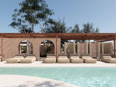 Moderner Poolbereich mit Liegestühlen und schattiger Pergola in einem Hotel.