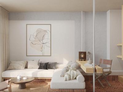 Helles Hotellobby mit modernen weißen Sofas, Holzregalen und großen Fenstern.