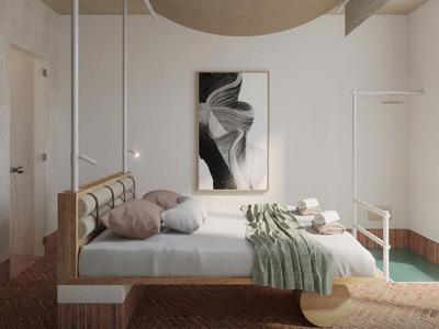 Modernes Hotelzimmer mit Doppelbett, Holzverkleidung und großer Fensterfront zur Natur.