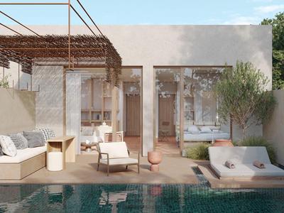 Moderner Hotelpoolbereich mit Sitzgelegenheiten, Liegestühlen und Pergola.