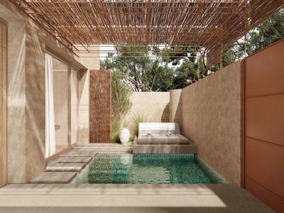 Moderner Outdoor-Poolbereich mit natürlicher Holzdecke und Steinmauern.
