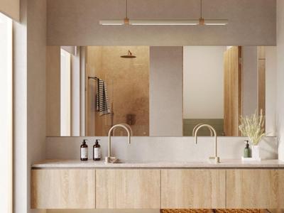 Modernes Badezimmer mit Holzwaschtisch, großen Spiegeln und zwei Wasserhähnen.