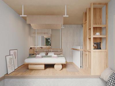 Modernes, helles Hotelzimmer mit Doppelbett, Holzdekor und minimalistischem Design.