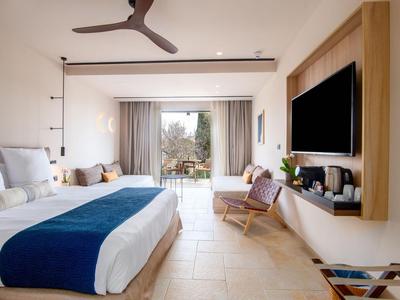 Modernes Hotelzimmer mit großem Bett, Holzdekor, Fernseher und Zugang zum Balkon.