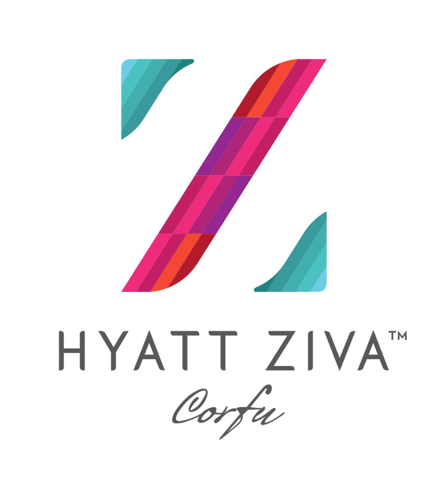 Logo coloré en Z avec texte 'HYATT ZIVA Corfu', symbole stylisé d’hôtel ou de voyage.