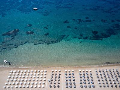 Aerial view of a beach with rows of white umbrellas and clear blue water.