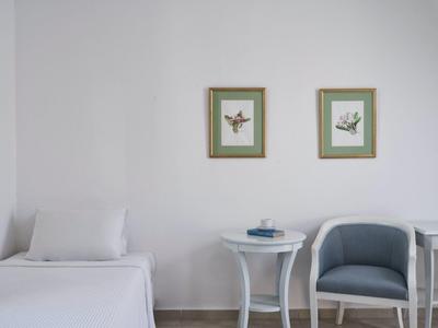 Minimalist hotel room corner with single bed, small white table, blue chair, and framed bird art.
