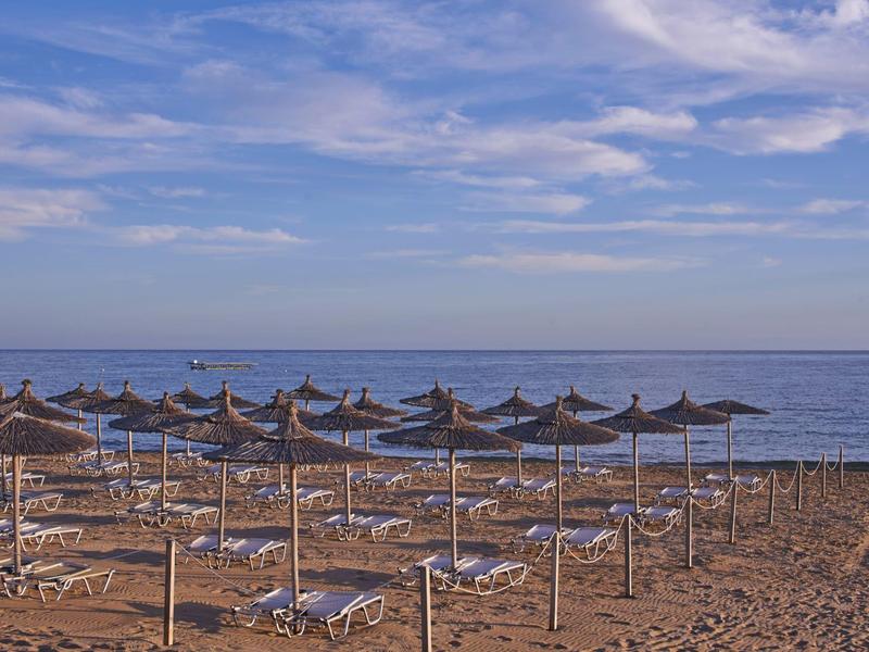 Rows of empty lounge chairs and umbrellas on a sandy beach by calm sea under a partly cloudy sky.