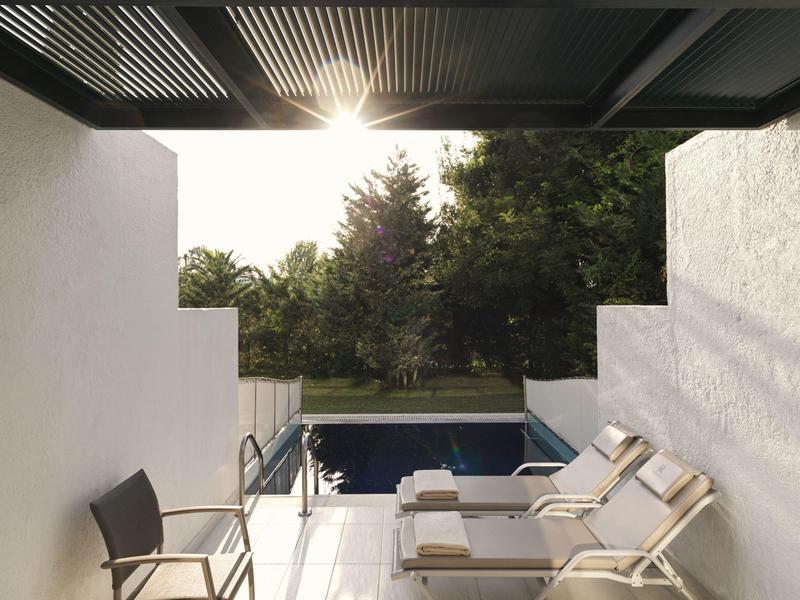 Moderne Terrasse mit Pool und Liegestühlen, umgeben von Bäumen bei Sonnenlicht.