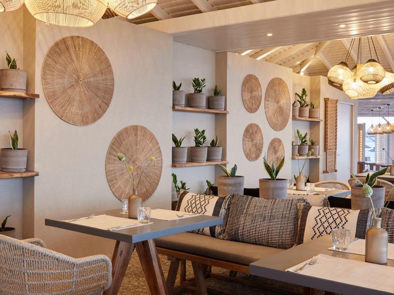 Moderner Innenraum mit Holzdecke, runden Wanddekorationen, Pflanzen und gemütlichen Sitzgelegenheiten.