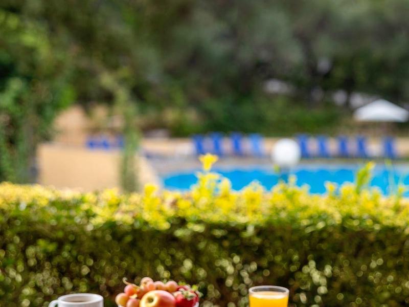 Ein gedeckter Frühstückstisch mit Saft, Kaffee, Croissants und Obst vor grünem Garten.