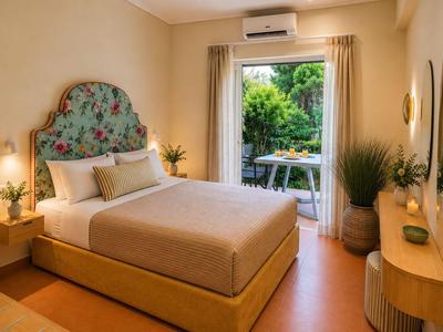 Bright hotel room with large bed, plants, and balcony access overlooking a garden.