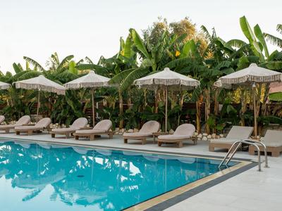 Piscina con lettini e ombrelloni accanto a una lussureggiante vegetazione tropicale.
