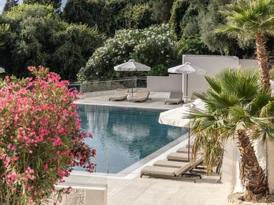 Nowoczesny basen na świeżym powietrzu z leżakami, parasolami i tropikalnymi roślinami.