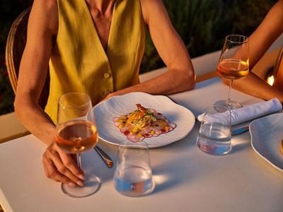 Persona che tiene un bicchiere di vino durante la cena con cibo elegantemente impiattato sul tavolo.