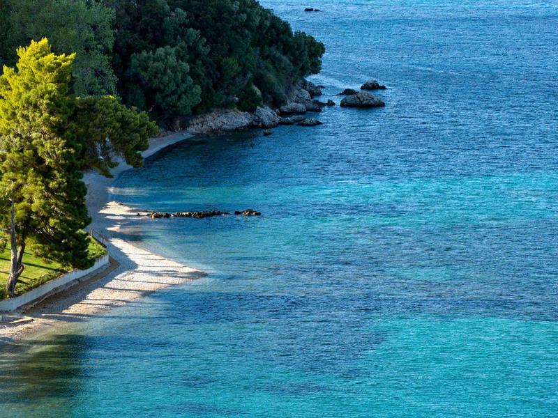 Klares, türkisfarbenes Wasser an einer felsigen Küste mit Bäumen und Gras