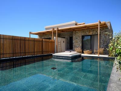 Moderner Bungalow mit Holzverkleidung, Pool und klarem blauem Himmel im Hintergrund.