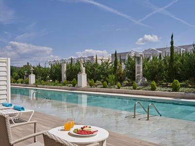 Piscina moderna con tumbonas y mesa de desayuno frente a seto verde y edificios al fondo.