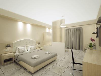 Nowoczesny pokój hotelowy z łóżkiem podwójnym, biurkiem, krzesłem i delikatnym oświetleniem.