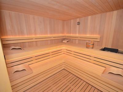 Interieur van een houten sauna met verhoogde banken en lichte houtafwerking.