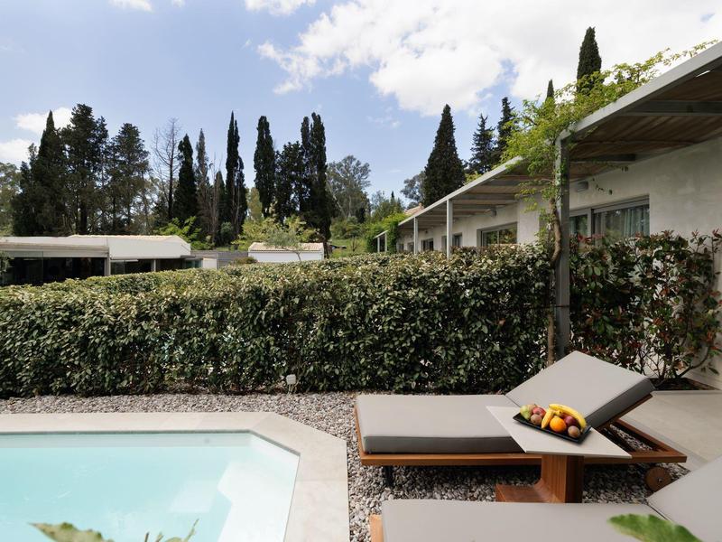Moderner Garten mit rechteckigem Pool, Sonnenliegen und grünen Hecken unter blauem Himmel.