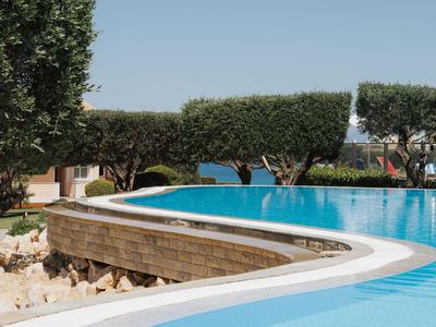 Moderner Pool mit klar blauem Wasser und gepflegten Büschen im Hintergrund bei klarem Himmel.