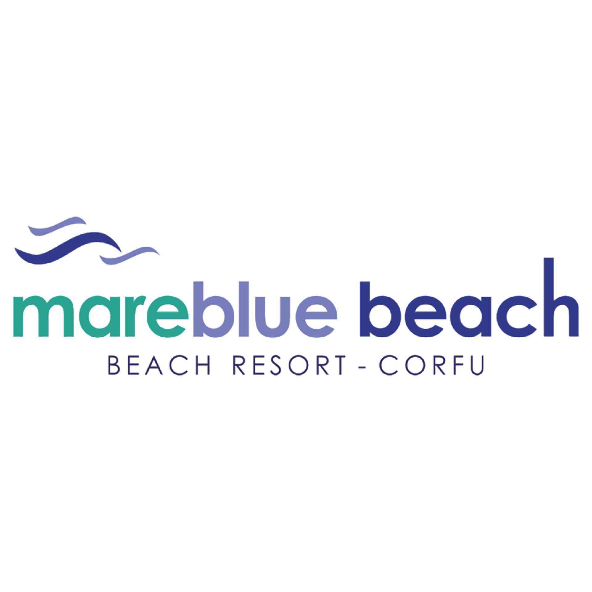 Logo des MareBlue Beach Resorts auf Korfu mit stilisierten Wellen in Blau und Türkis.