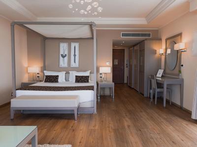 Modernes Hotelzimmer mit Doppelbett, Holzboden und einem Arbeitsplatz mit Spiegel.