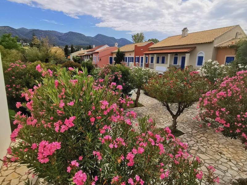 Gepflasterter Gartenweg mit blühendem rosa Oleander vor Einfamilienhäusern und bewölktem Himmel.