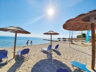 Strand mit blauen Liegestühlen und Sonnenschirmen unter strahlendem Himmel am Meer.
