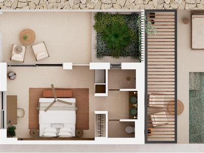 Grundriss zeigt Schlafzimmer, Bad, Terrasse mit Pool und angrenzenden Garten mit Bäumen und Weg.