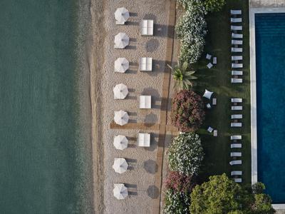 Strand mit Liegestühlen, Sonnenschirmen, angrenzendem Pool und bewachsenem Bereich.