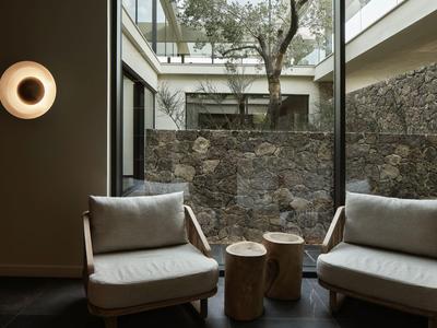 Moderner Hotelbereich mit zwei bequemen Sesseln und Baum vor einer Glaswand.