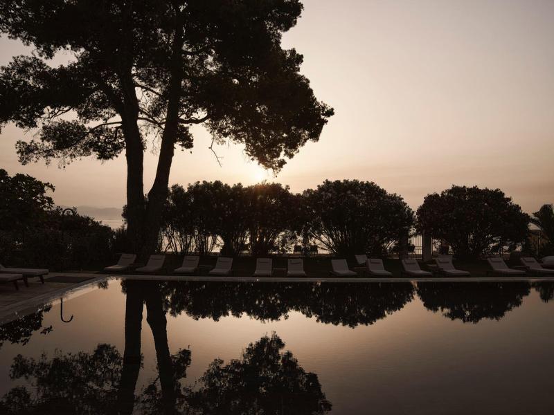 Odrážející se stromy u klidného bazénu při západu slunce.