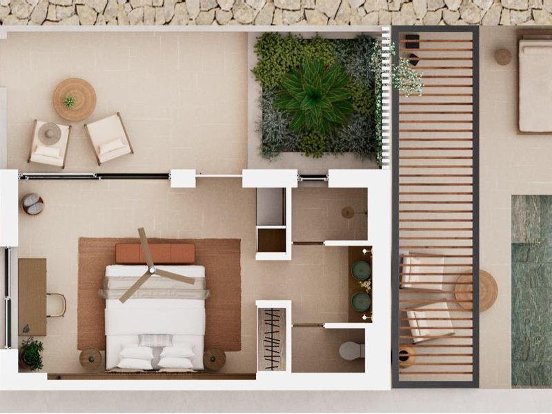 Půdorys vily se zahradou, ložnicí, koupelnou, bazénem a terasou.