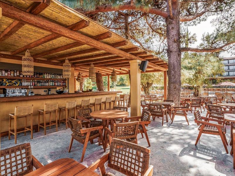 Bar all'aperto accogliente con mobili in legno e ombra naturale degli alberi in un contesto vacanziero.