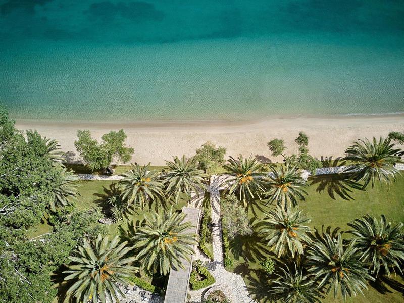 Vue aérienne d'une plage avec des palmiers et de l'eau claire