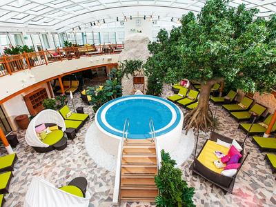 Heller Innenbereich mit kleinem Pool, großen Bäumen, bunten Sitzmöbeln und einem gläsernen Dach.