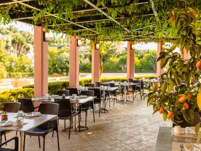 Terrazza coperta con tavoli apparecchiati e vista su un giardino con agrumi.