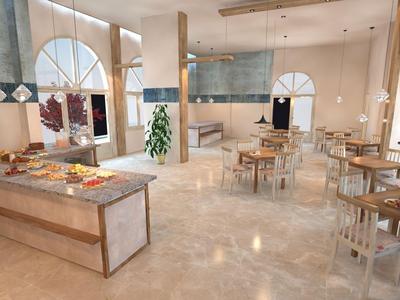 Large bright dining room with buffet and light wooden tables.