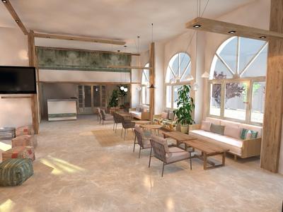 Großer heller Raum mit Holzvertäfelung, vielen Stühlen, Tischen und großen Fenstern mit Rundbögen.