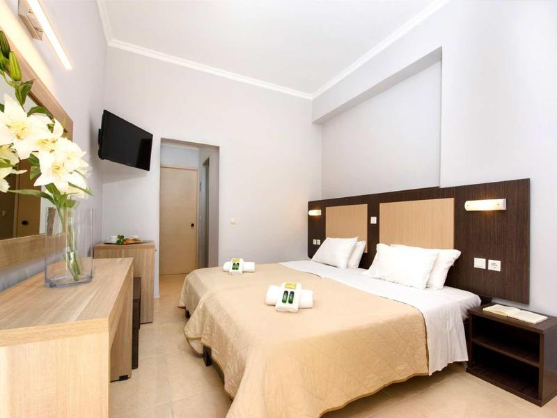 Licht hotelkamer met tweepersoonsbed, tv en bloemen op een kast.